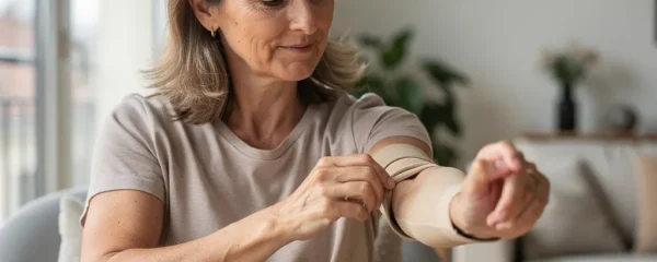 Femme ajustant un manchon de compression lymphœdème sur son bras dans un intérieur lumineux
