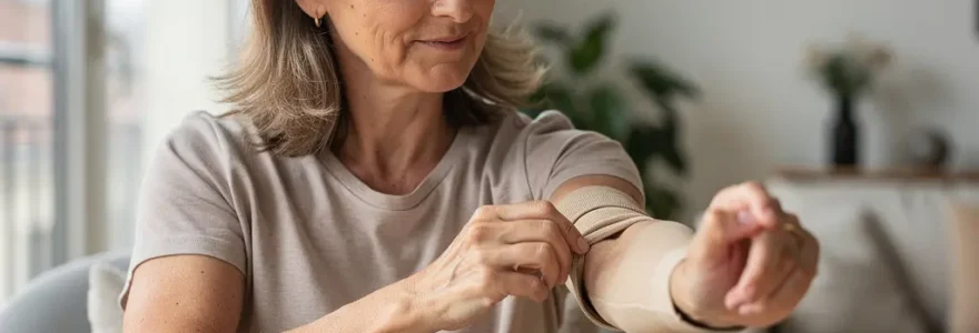Femme ajustant un manchon de compression lymphœdème sur son bras dans un intérieur lumineux