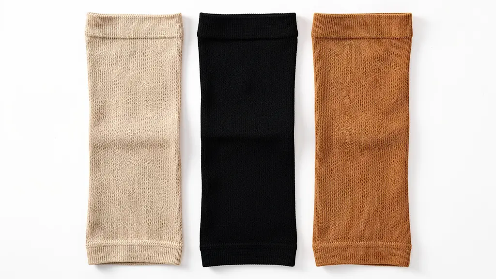Trois manchons de compression de différentes couleurs disposés sur surface claire