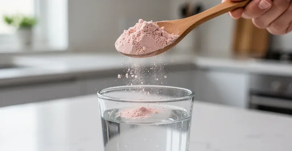 Préparation de collagène marin en poudre dans un verre d'eau