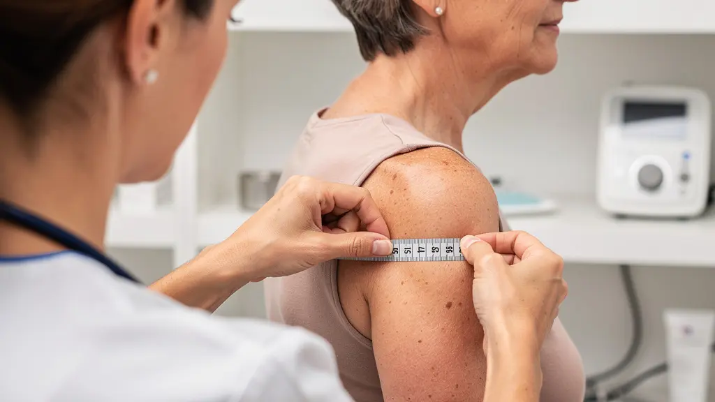 Professionnelle mesurant le tour de bras d'une patiente pour choisir un manchon compression lymphœdème