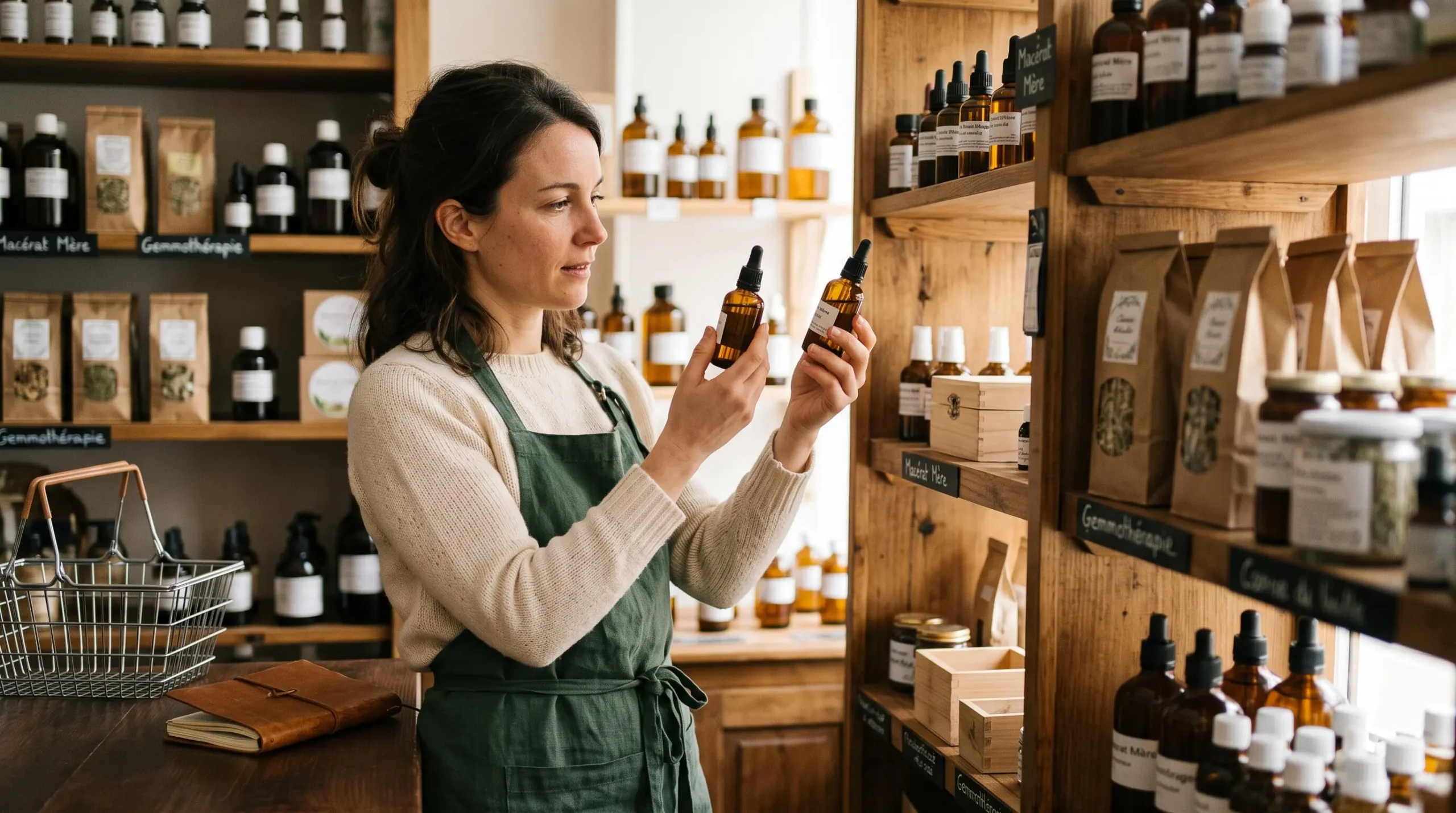 Une femme compare deux fioles de macérats de bourgeons devant un rayon de produits naturels en parapharmacie.