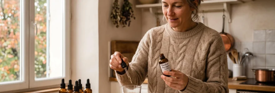 Une femme lit une fiole de macérat de bourgeons tout en préparant son verre dans une cuisine lumineuse.