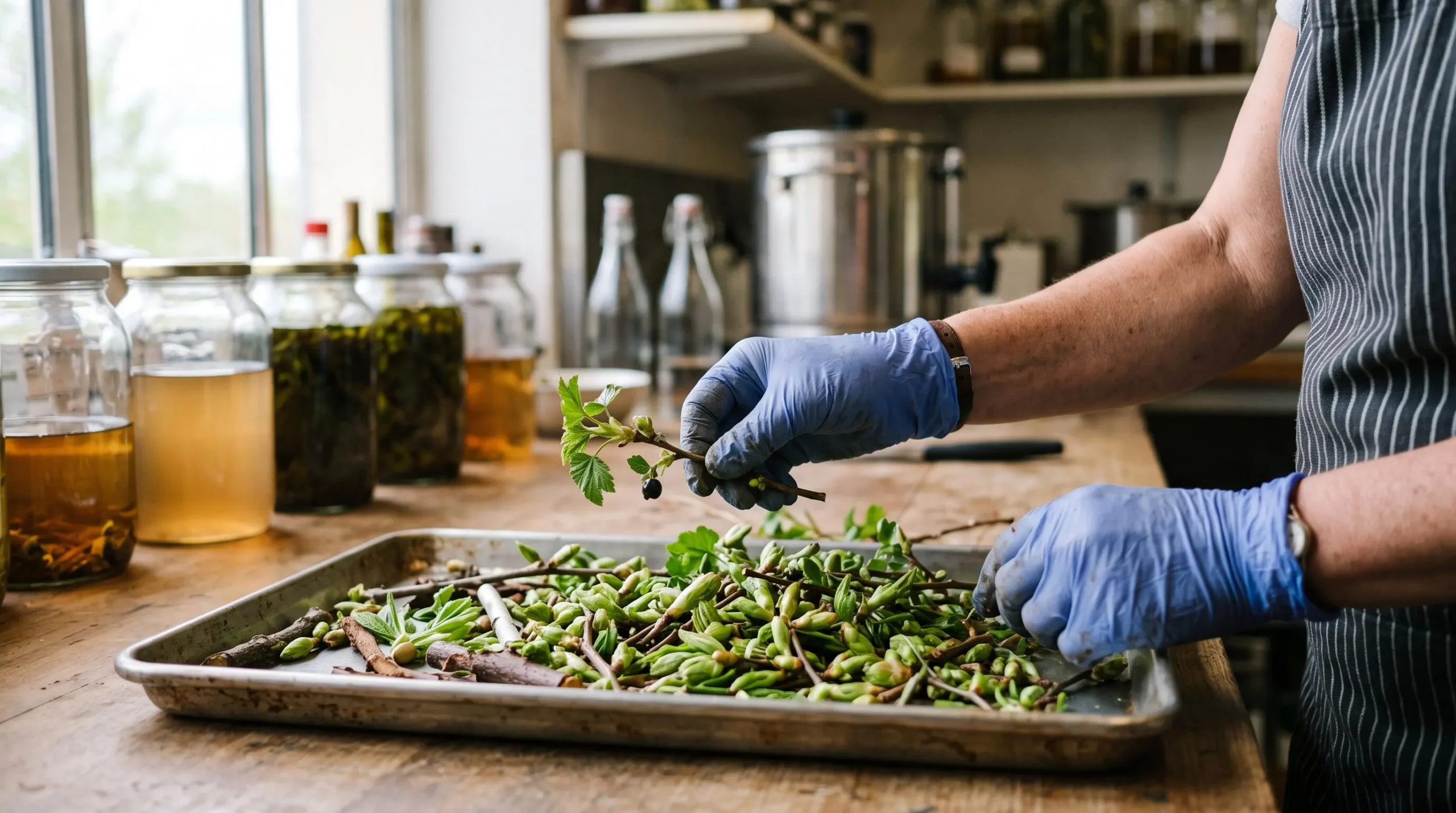 Des mains trient des bourgeons frais sur un plateau dans un atelier de préparation végétale.