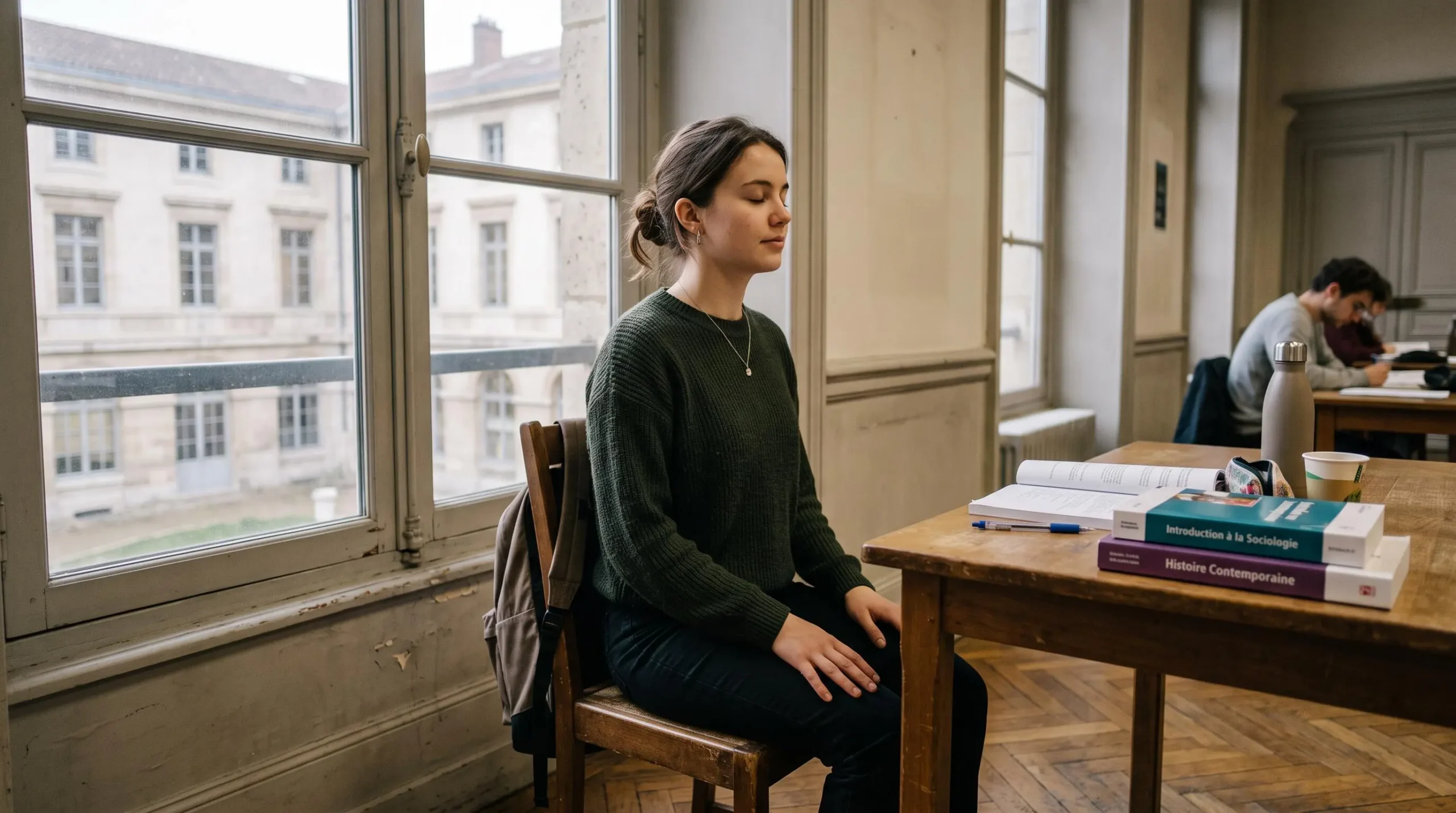 Une étudiante ferme les yeux et respire calmement près d'une fenêtre entre deux révisions.