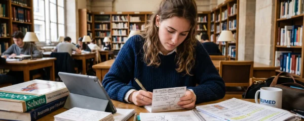 Une étudiante en santé révise ses fiches de mémorisation dans une bibliothèque universitaire.