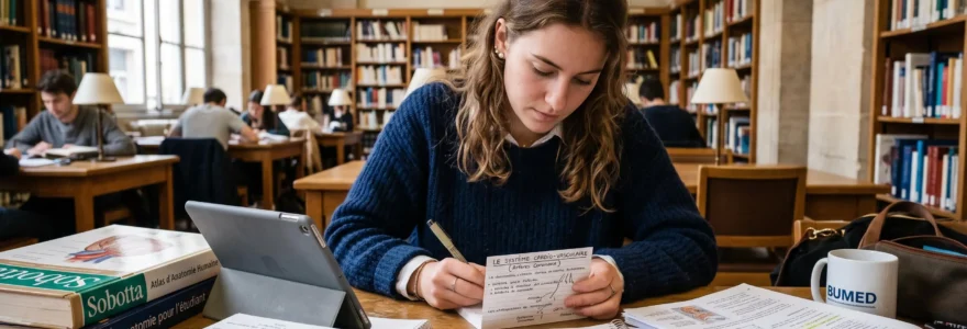 Une étudiante en santé révise ses fiches de mémorisation dans une bibliothèque universitaire.