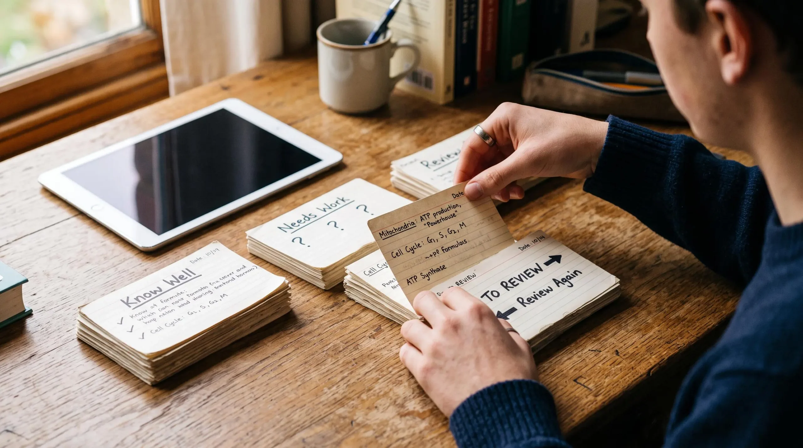 Des mains trient une pile de fiches de révision sur un bureau en bois.